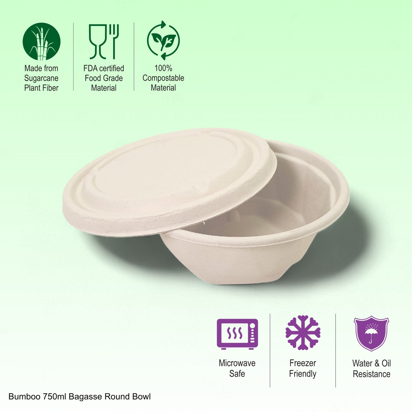 Bumboo 750ml Bagasse Round Bowl with lid