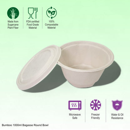 Bumboo 1000ml Bagasse Round Bowl with lid