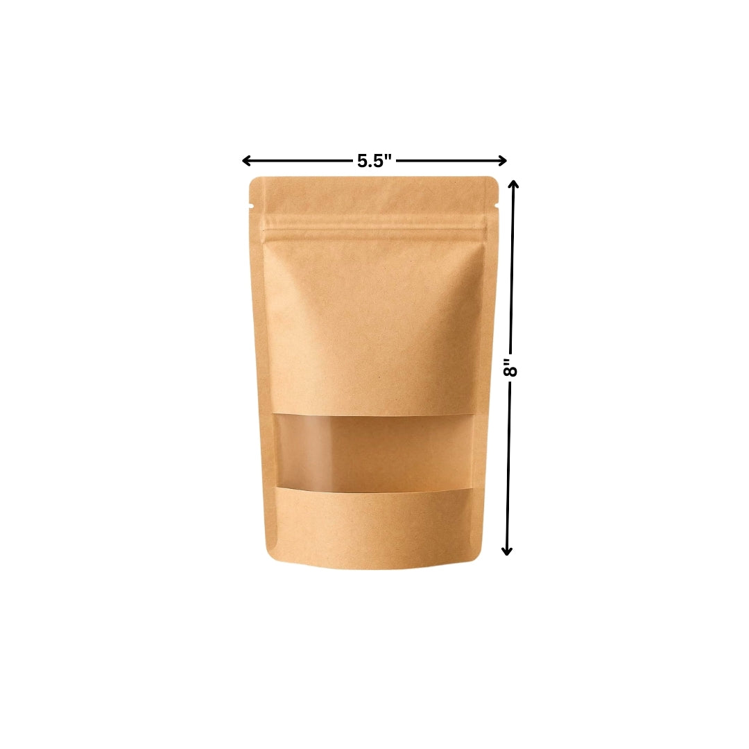 Stand Up Zipper Brown Kraft Paper Pouch with Window – 5.5 x 8