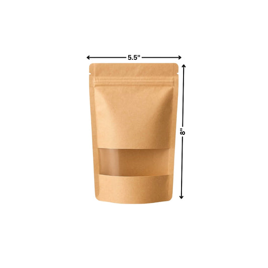 Stand Up Zipper Brown Kraft Paper Pouch with Window – 5.5 x 8