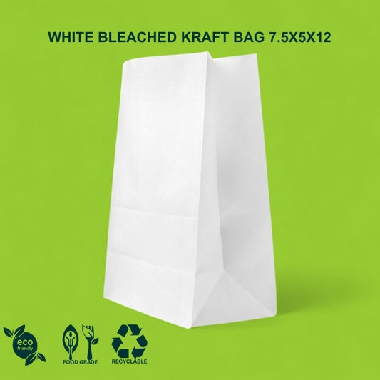 7x5x12" White SOS Bleached Kraft Bag – 70 GSM, 26 BF