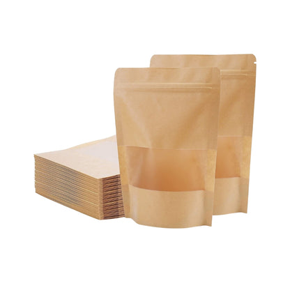 Stand Up Zipper Brown Kraft Paper Pouch with Window – 6 x 9