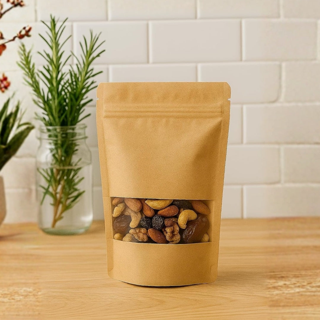 Stand Up Zipper Brown Kraft Paper Pouch with Window – 7 x 10