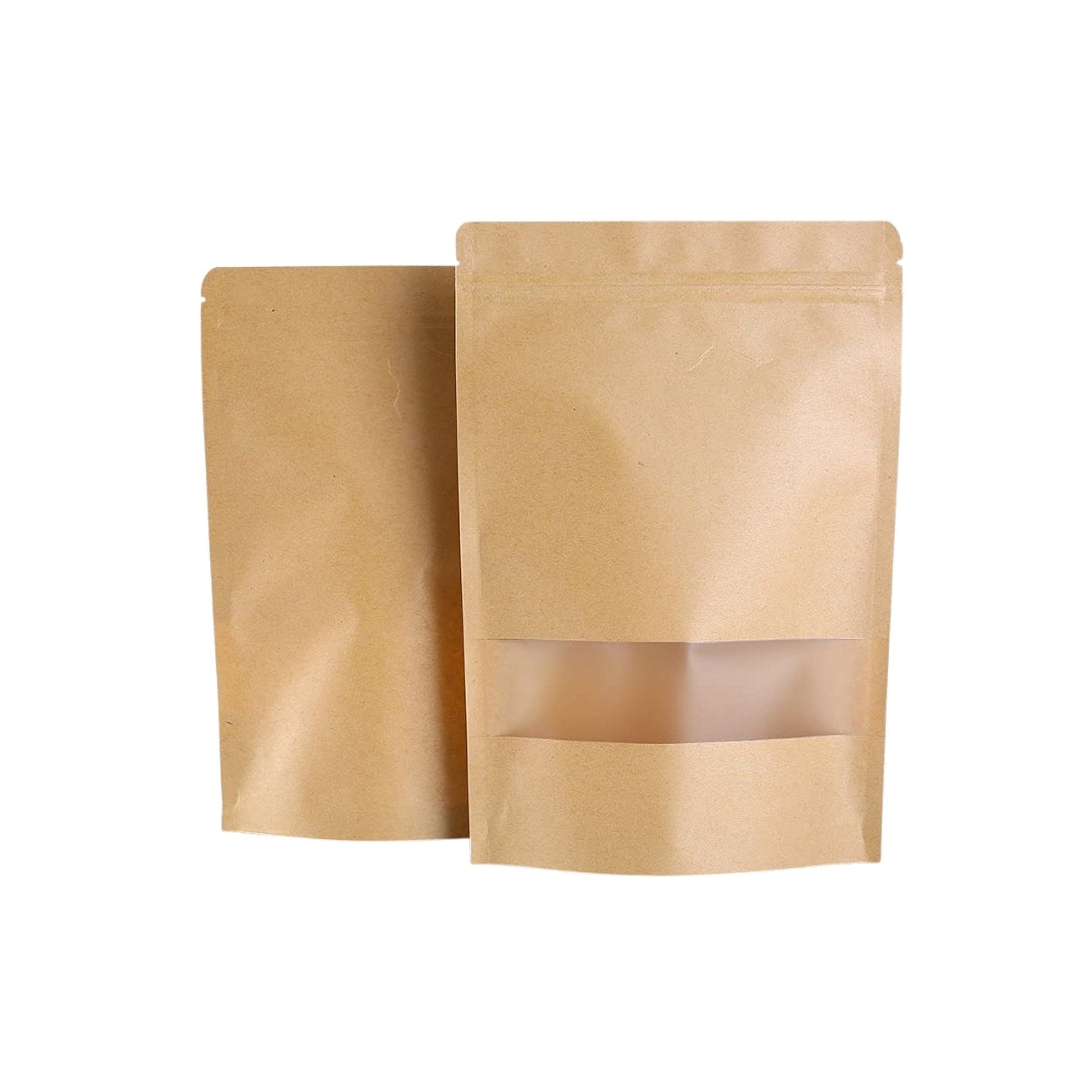 Stand Up Zipper Brown Kraft Paper Pouch with Window – 8 x 12