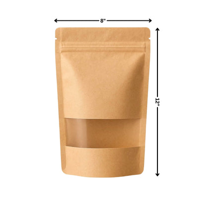 Stand Up Zipper Brown Kraft Paper Pouch with Window – 8 x 12