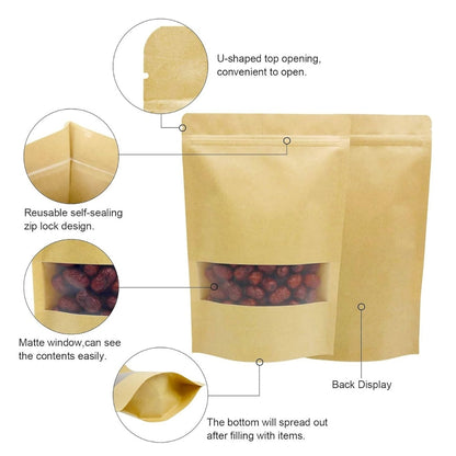Stand Up Zipper Brown Kraft Paper Pouch with Window – 8 x 12