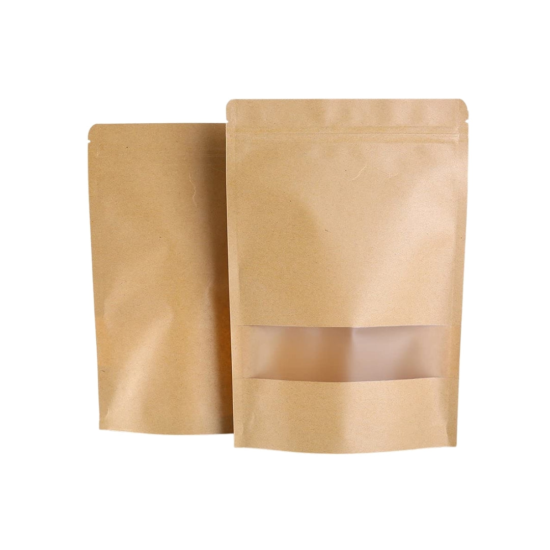 Stand Up Zipper Brown Kraft Paper Pouch with Window – 9 x 13