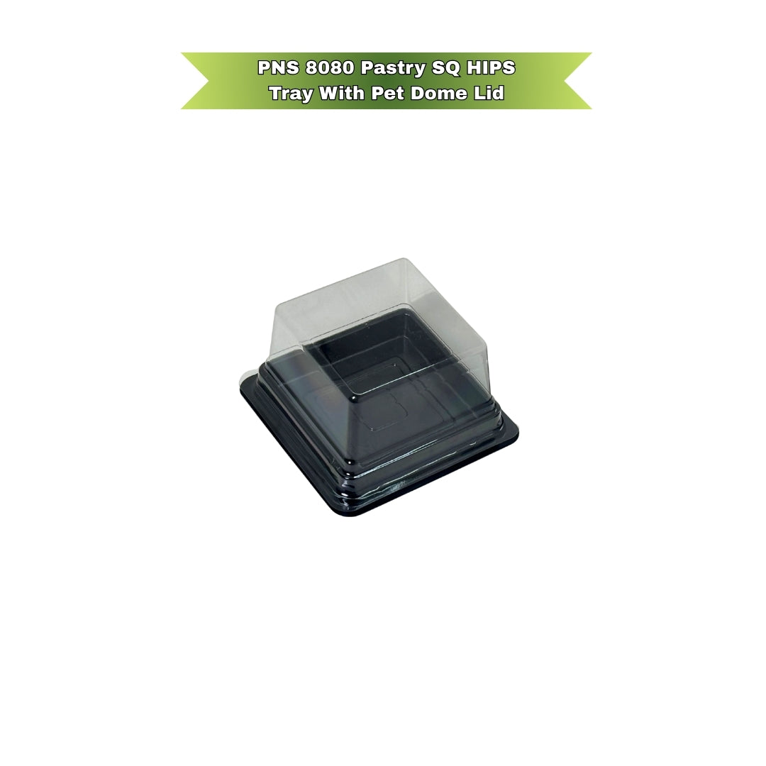 PNS 8080 Pastry Square HIPS black Tray with PET Dome Lid