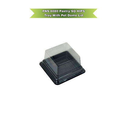 PNS 8080 Pastry Square HIPS black Tray with PET Dome Lid