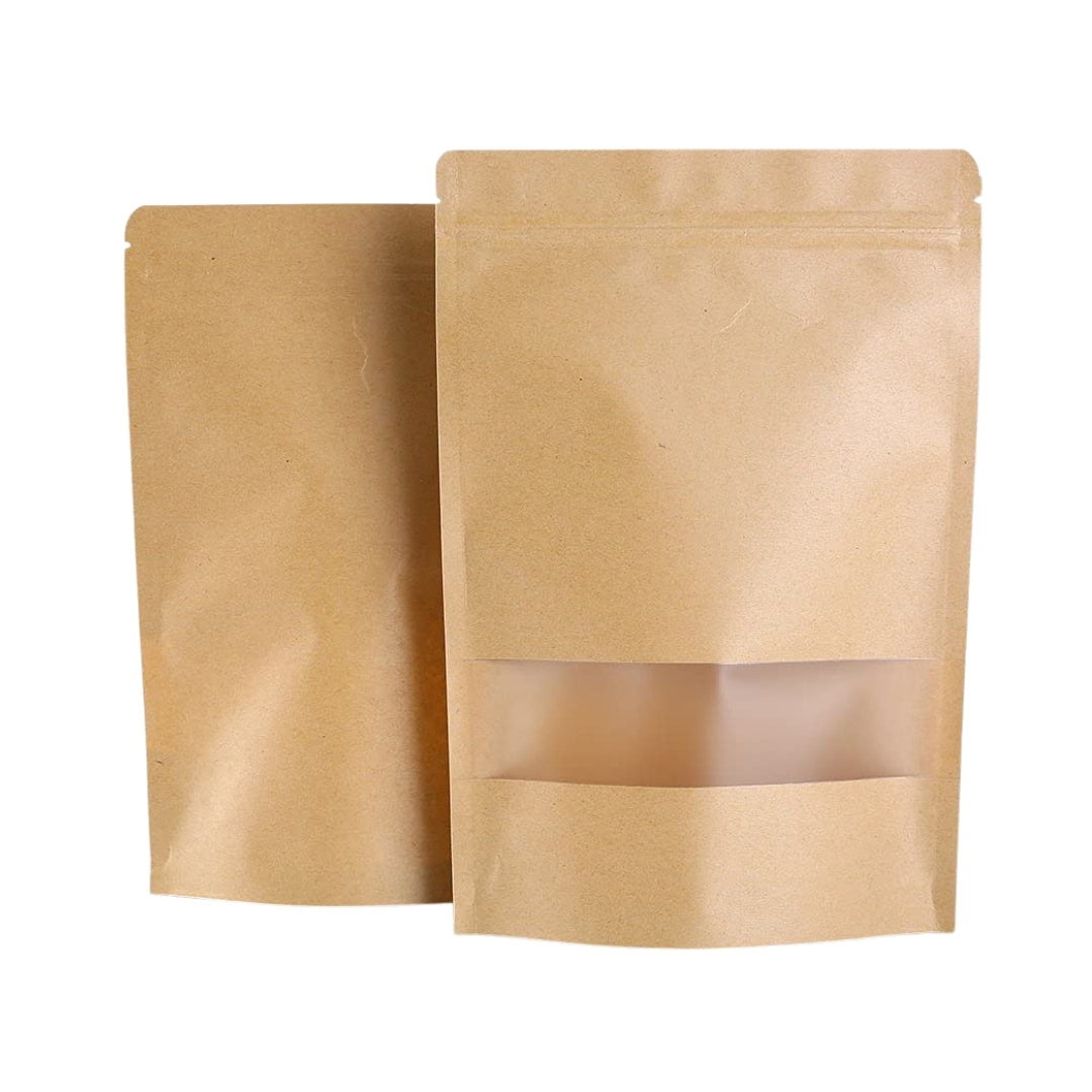 Stand Up Zipper Brown Kraft Paper Pouch with Window – 10 x 14