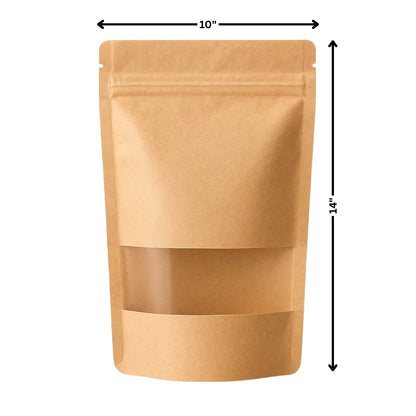 Stand Up Zipper Brown Kraft Paper Pouch with Window – 10 x 14