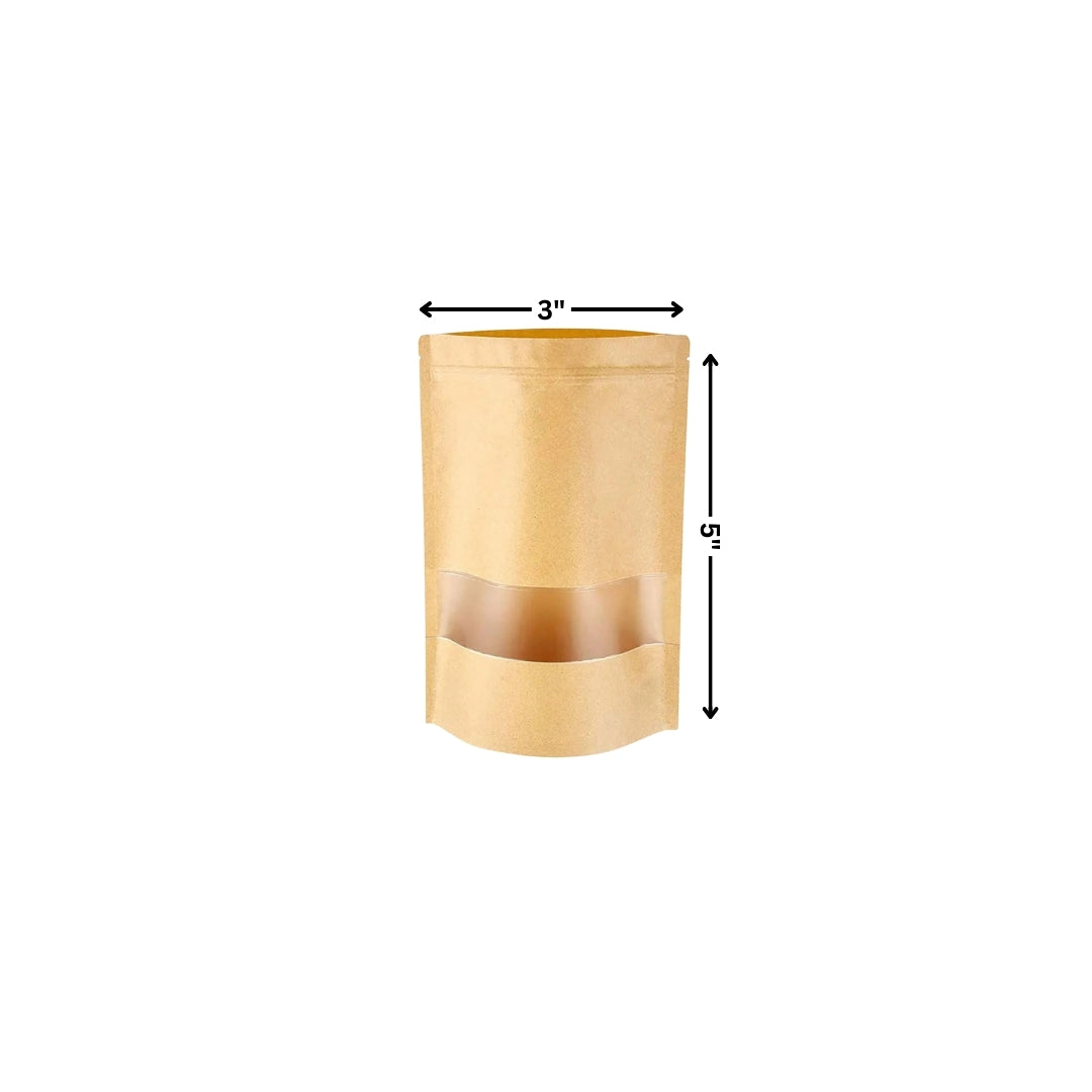 Stand Up Zipper Brown Kraft Paper Pouch with Window – 3 x 5