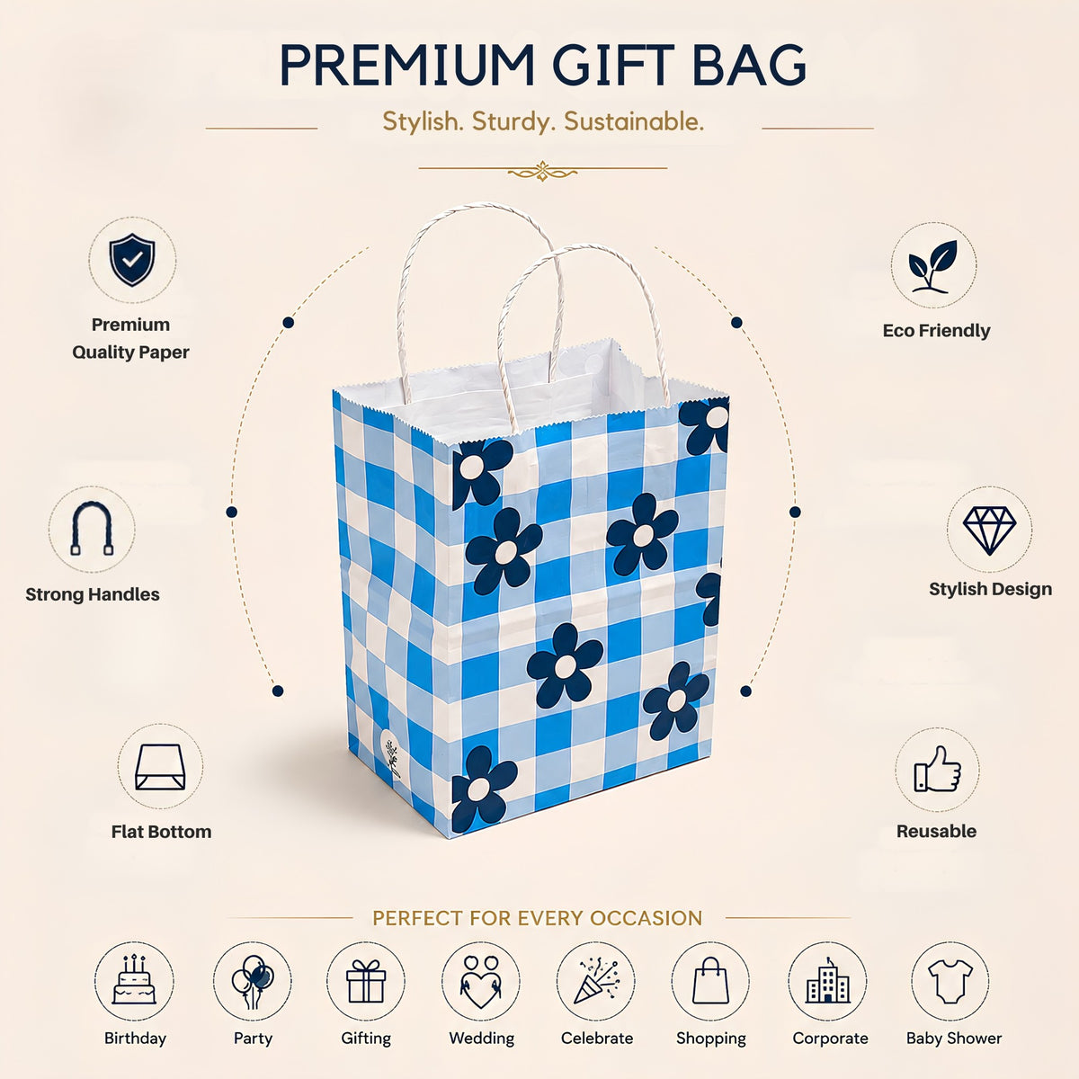 6x4x8 Gift Carry Bag (Blue Daisy flower Print)