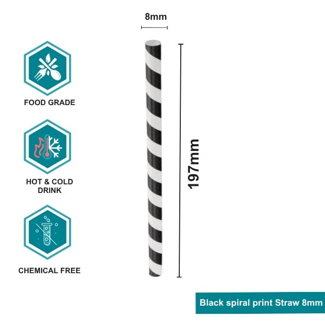 Printed Paper Straw 8mm (Black Spiral)