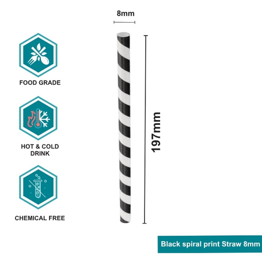 Printed Paper Straw 8mm (Black Spiral)