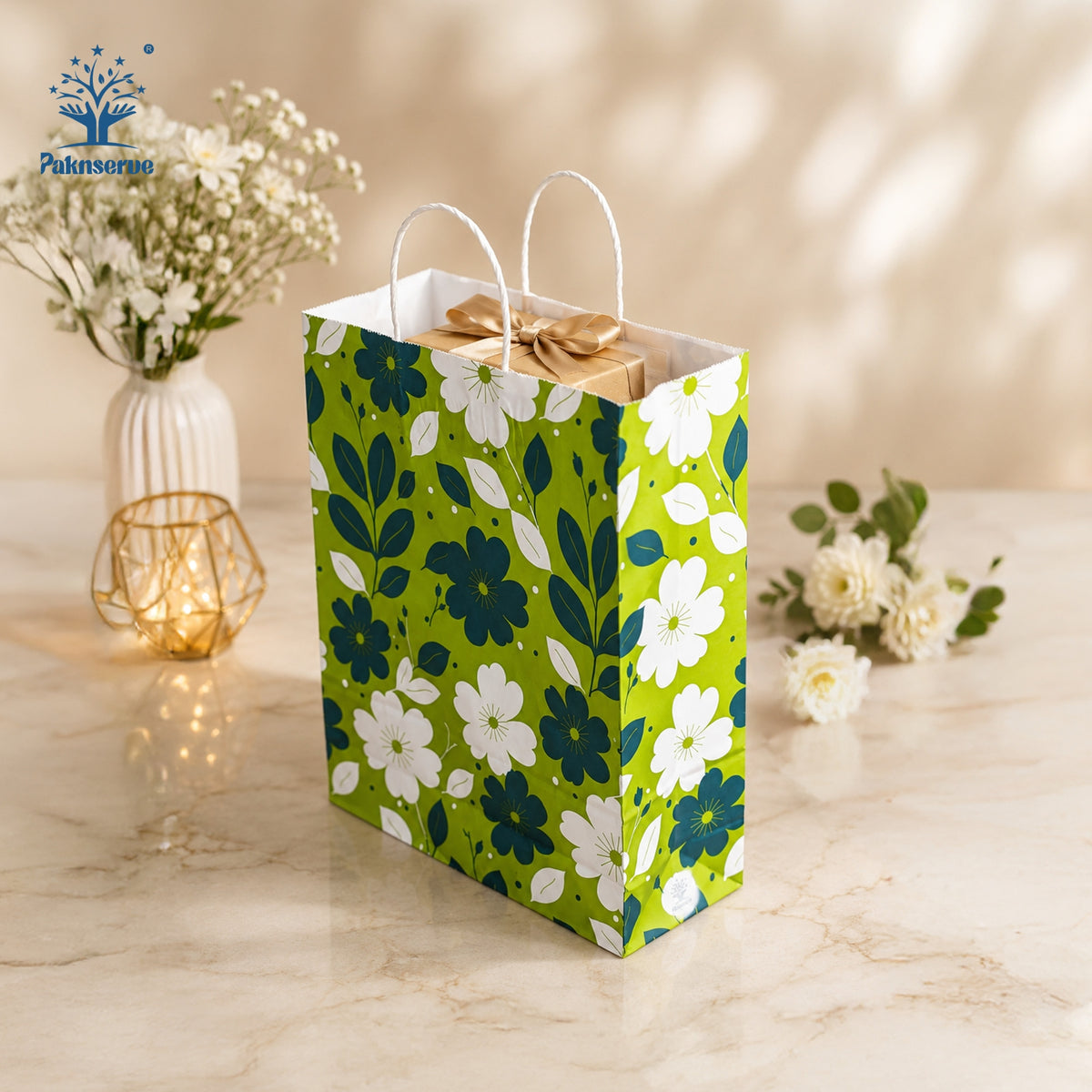 10x4x14 Gift Carry Bag (Green floral print)