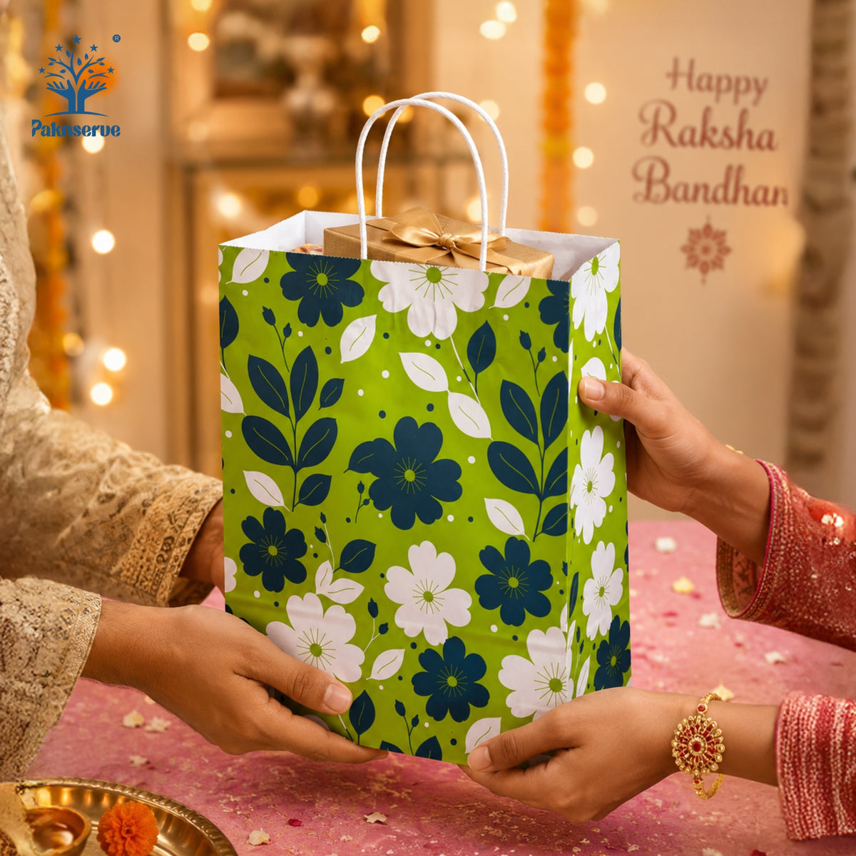 10x4x14 Gift Carry Bag (Green floral print)