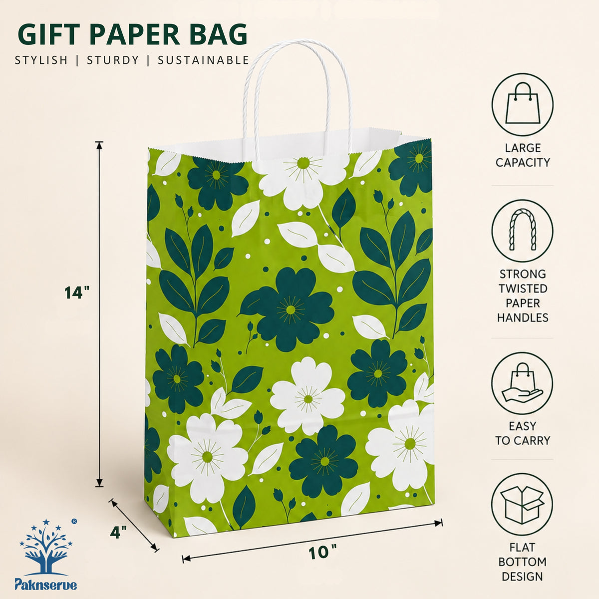 10x4x14 Gift Carry Bag (Green floral print)