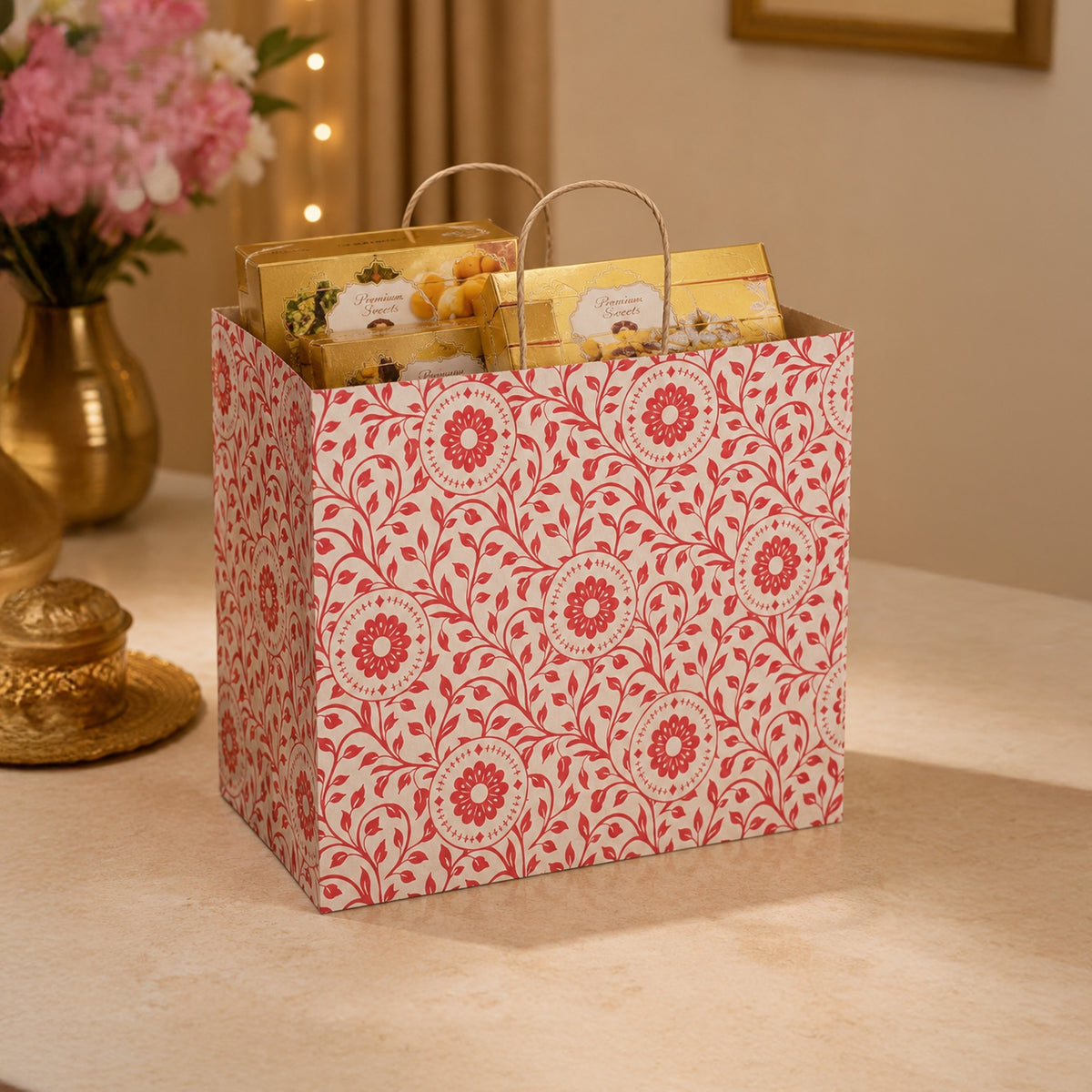 13x7x10 Sweet Carry Bag Kraft  (Floral Red Color )