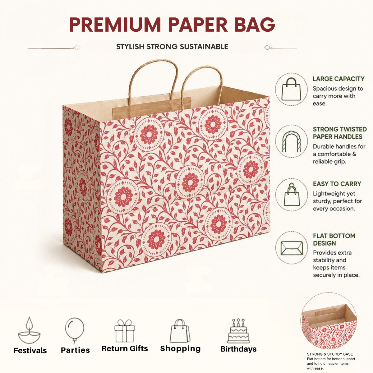 13x7x10 Sweet Carry Bag Kraft  (Floral Red Color )