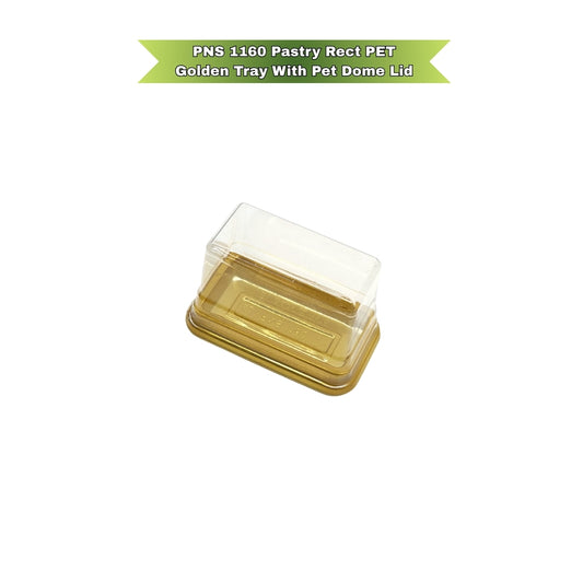 PNS 1160 Pastry Rectangle HIPS Golden Tray with PET Dome Lid