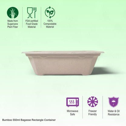 Bumboo 550ml Bagasse Rectangle Container With Lid