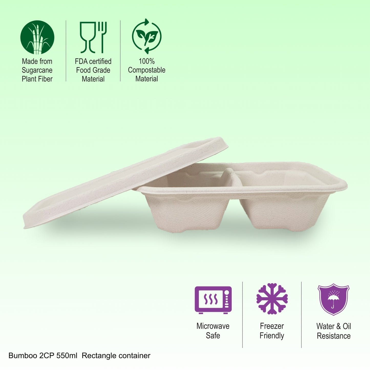 Bumboo 2CP 550ml Bagasse Rectangle Container With Lid