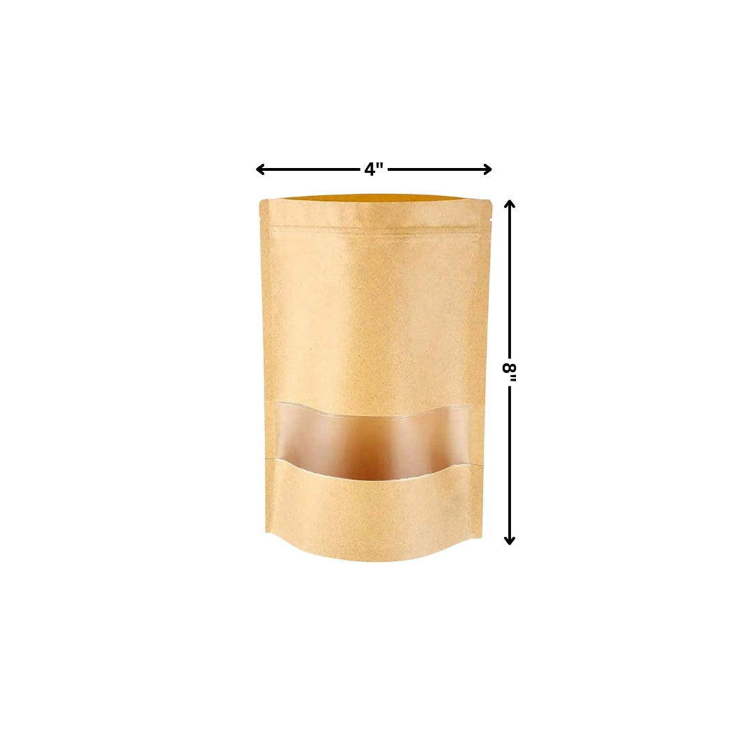Stand Up Zipper Brown Kraft Paper Pouch with Window – 4 x 8