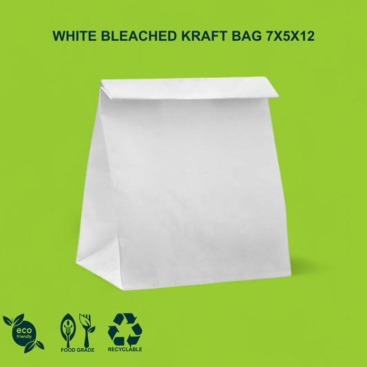 7x5x12" White SOS Bleached Kraft Bag – 70 GSM, 26 BF