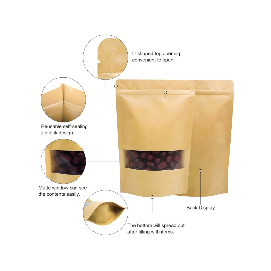 Stand Up Zipper Brown Kraft Paper Pouch with Window – 4 x 8