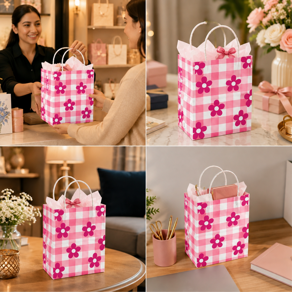 6x4x8 Gift Carry Bag (Pink Daisy flower Print)