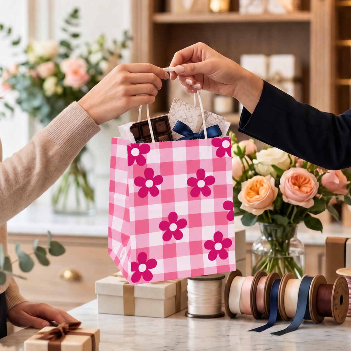 6x4x8 Gift Carry Bag (Pink Daisy flower Print)