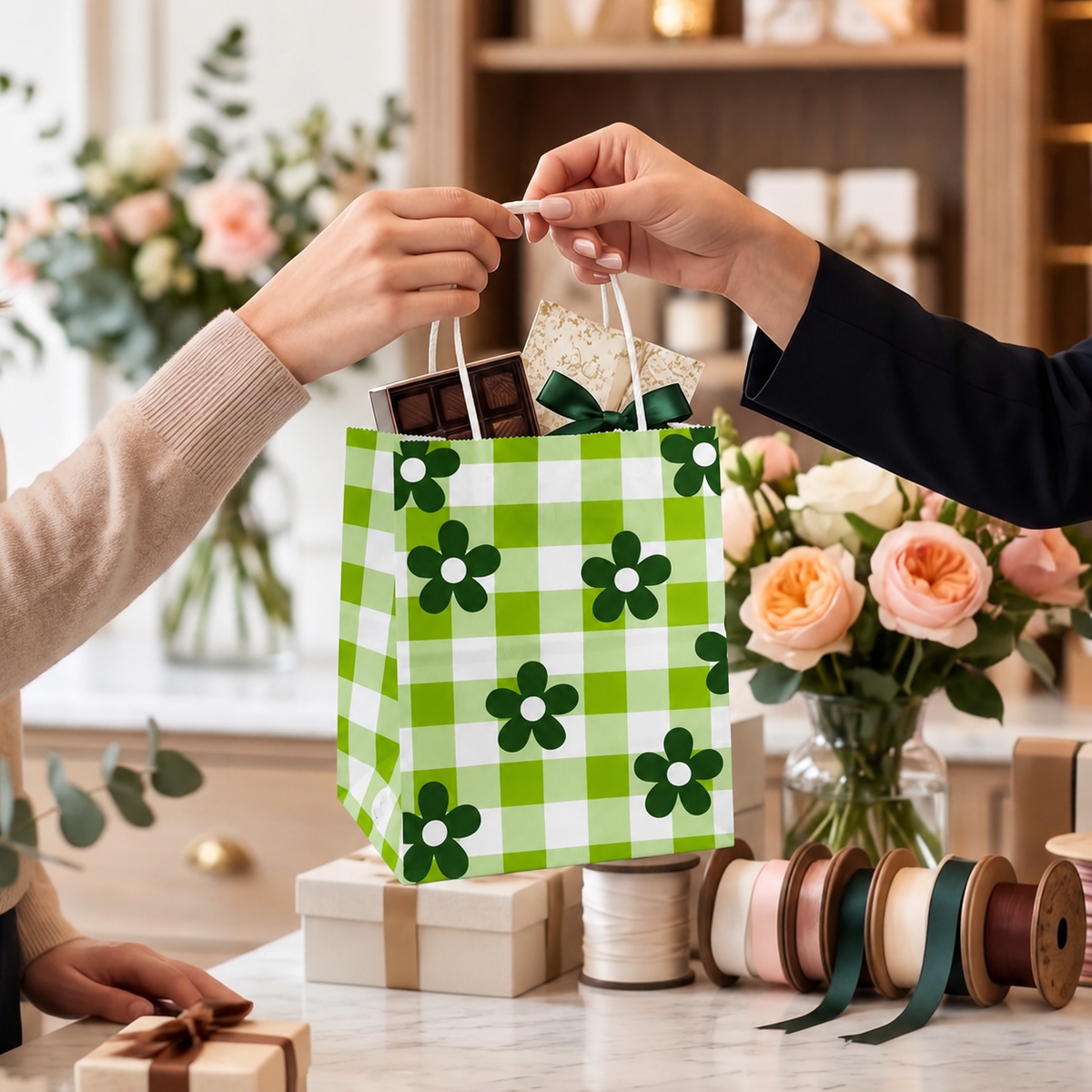 6x4x8 Gift Carry Bag (Green Daisy flower Print)