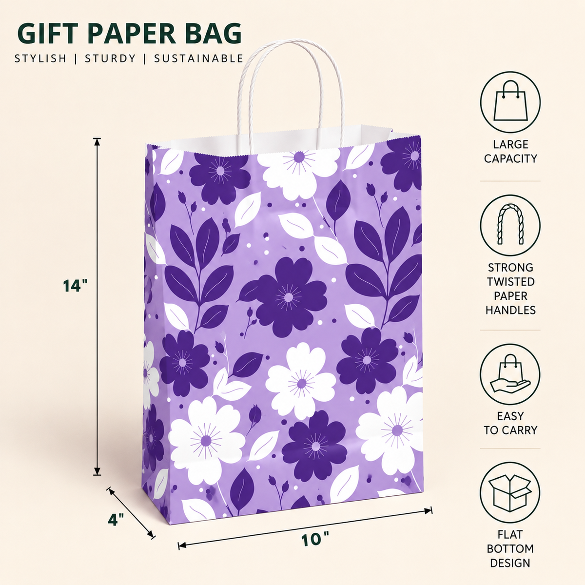 10x4x14 Gift Carry Bag (Purple floral print)