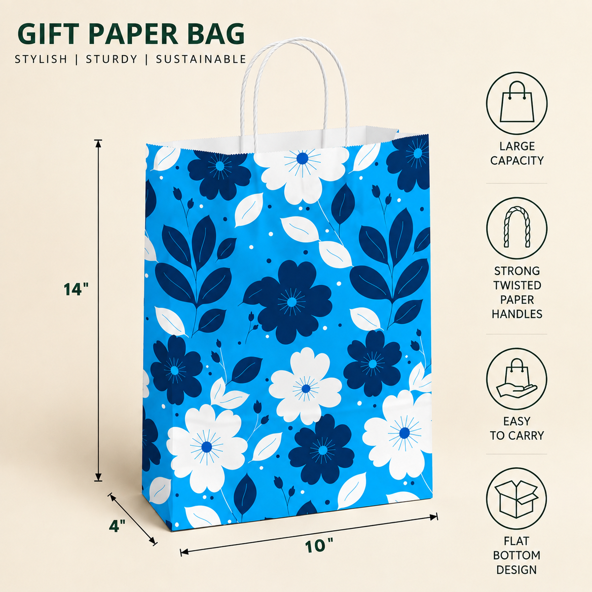 10x4x14 Gift Carry Bag (Blue floral print)