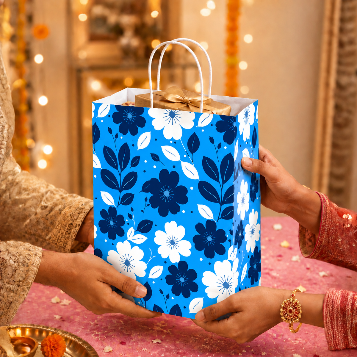 10x4x14 Gift Carry Bag (Blue floral print)
