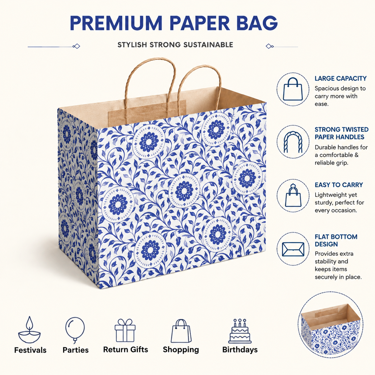 13x7x10 Sweet Carry Bag Kraft  (Floral Blue Color )