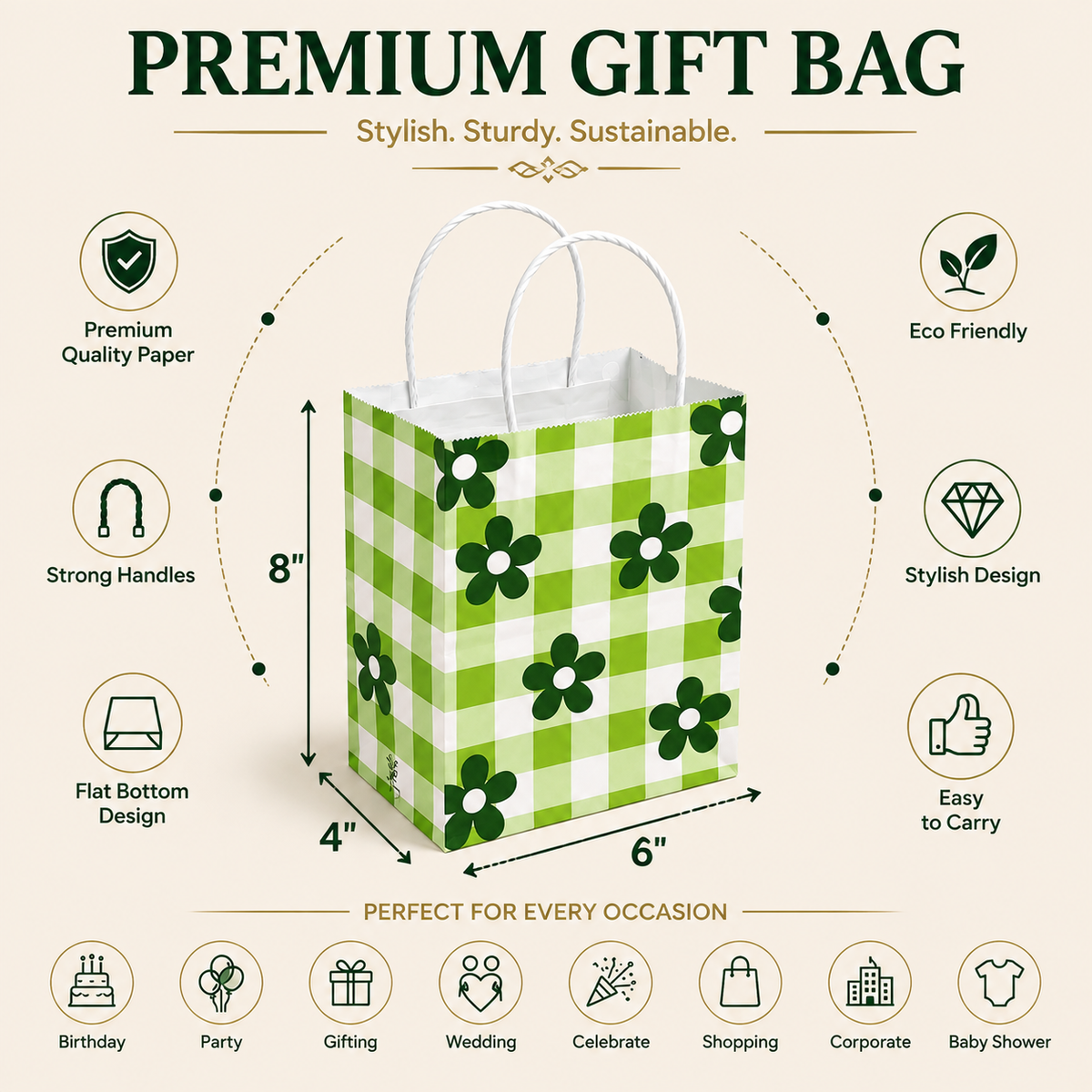 6x4x8 Gift Carry Bag (Green Daisy flower Print)