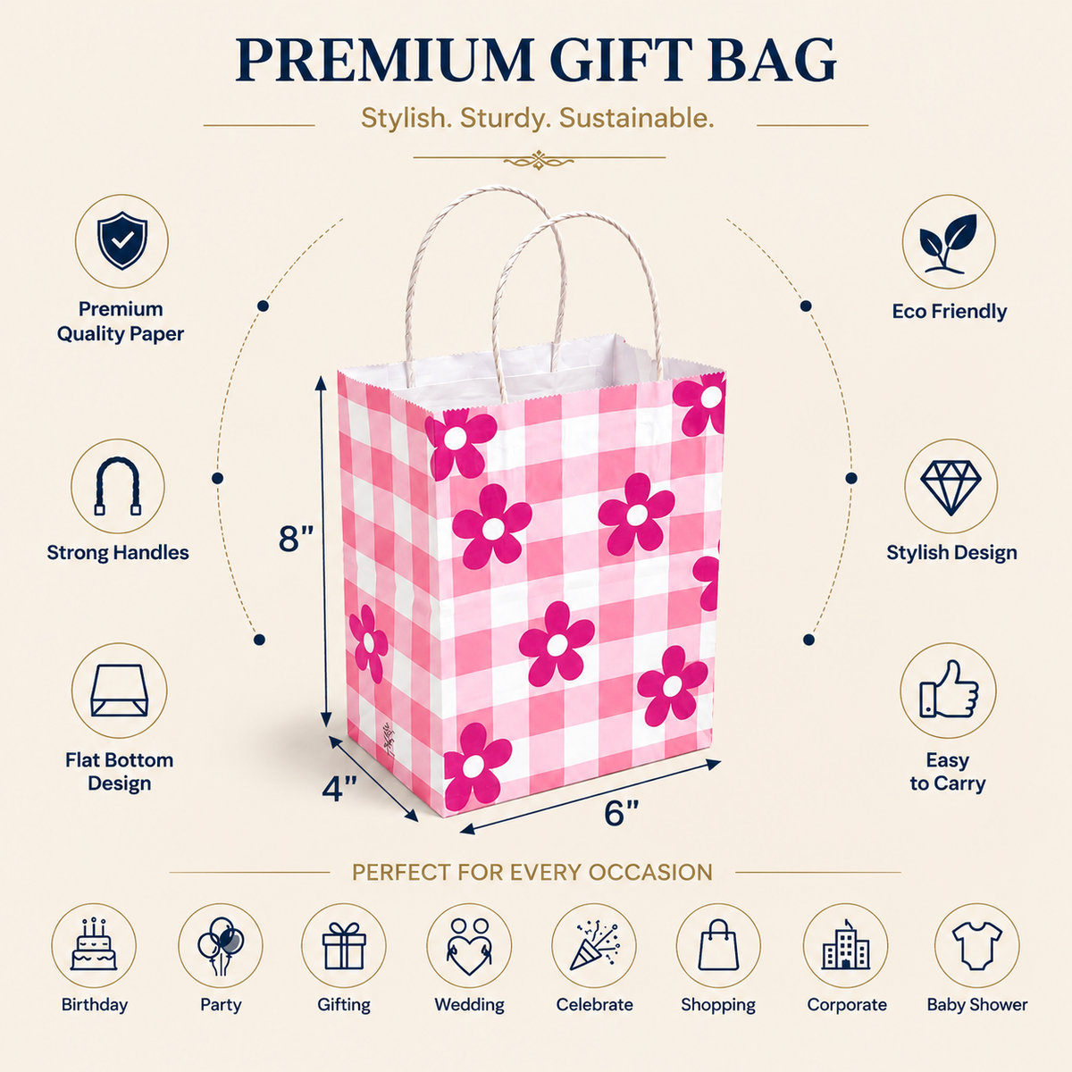 6x4x8 Gift Carry Bag (Pink Daisy flower Print)