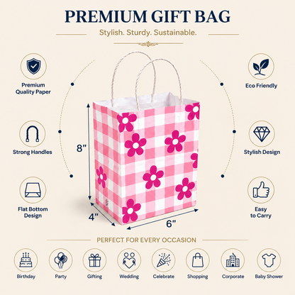 6x4x8 Gift Carry Bag (Pink Daisy flower Print)
