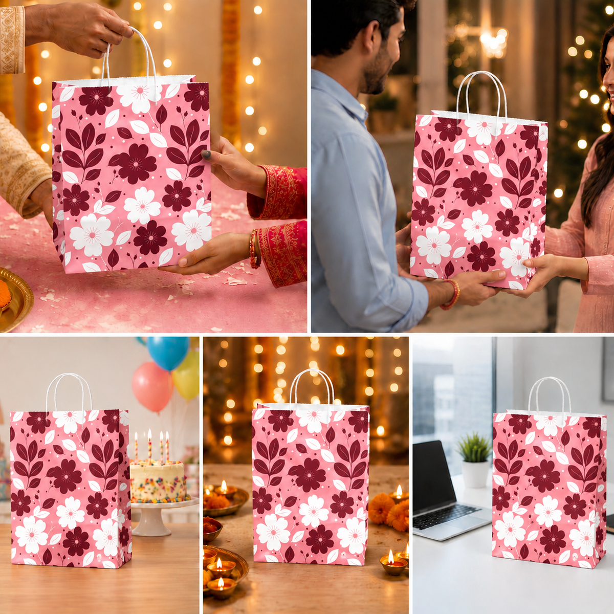 10x4x14 Gift Carry Bag (Pink floral print)