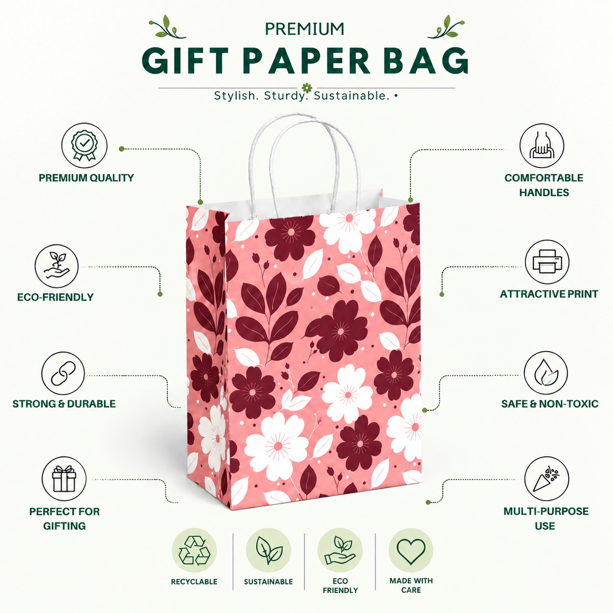 10x4x14 Gift Carry Bag (Pink floral print)