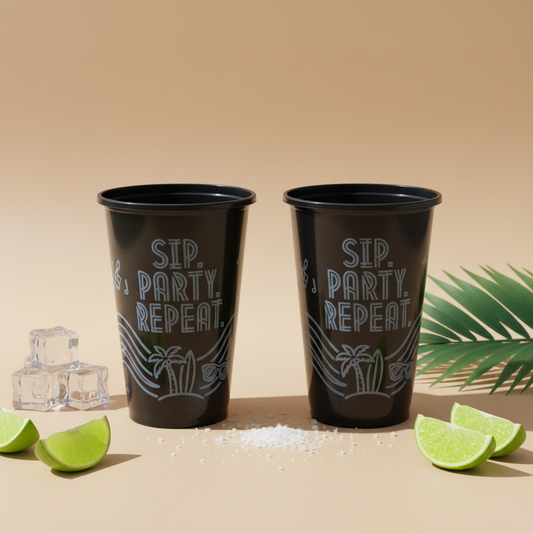 Beach Party Print 500 ml Paknserve Black Sipper Container with Black Lid (90D)