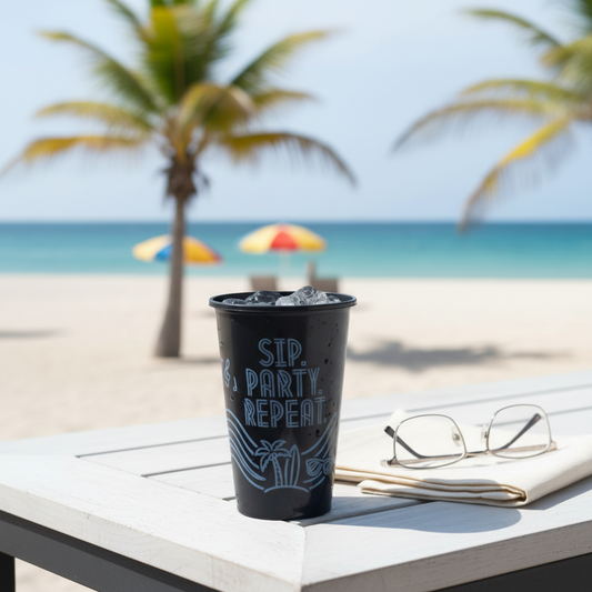 Beach Party Print 500 ml Paknserve Black Sipper Container Frosted Finish with Black Lid (90D) (Copy)